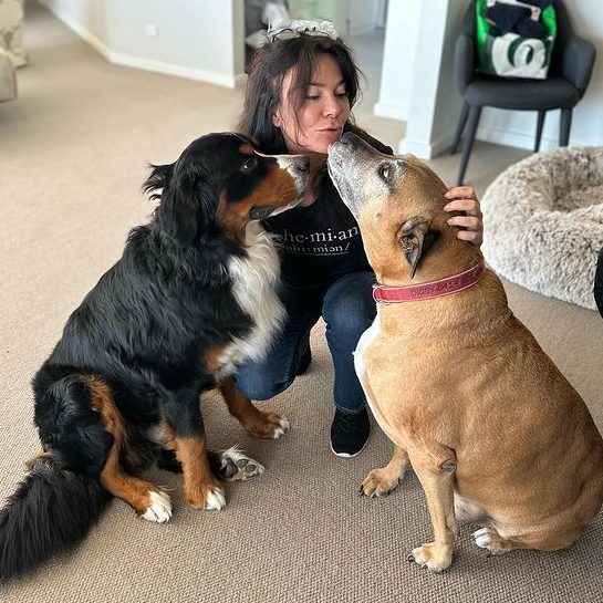 Liarne with two large dogs